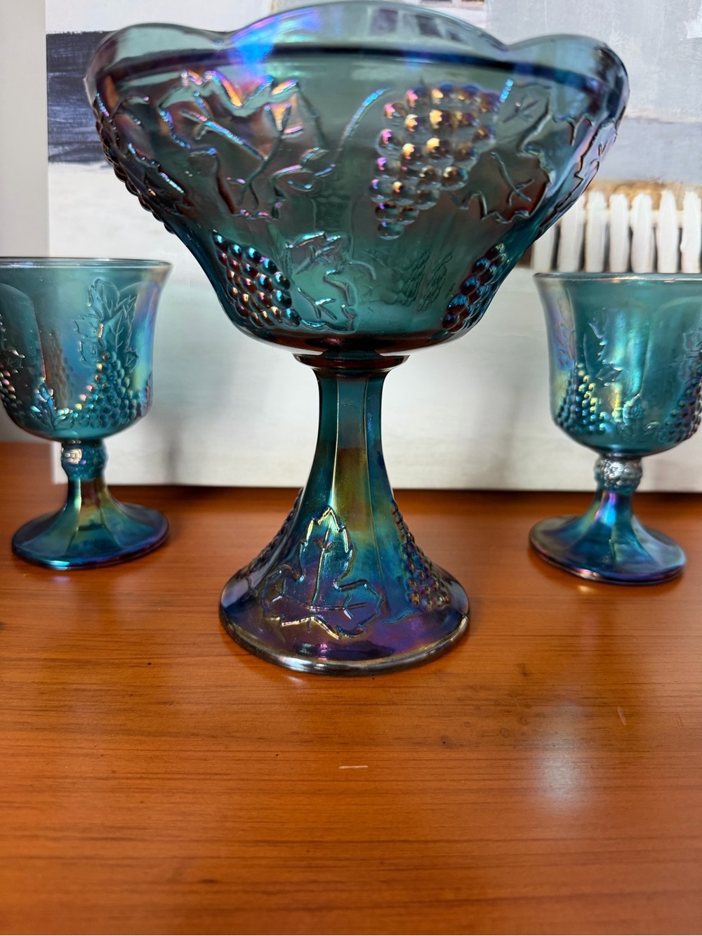 Iridescent Teal Carnival Glass Compote and Goblets - Vintage Style Home Art